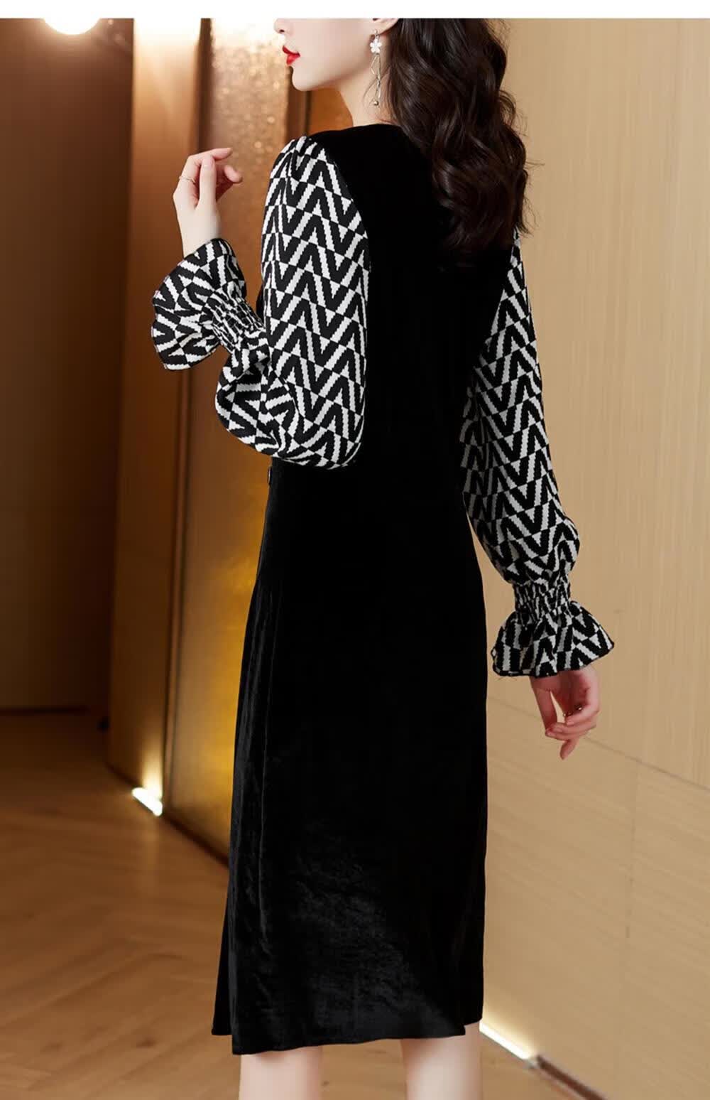 鸡心领长袖女连衣裙高端洋气高贵气质丝绒秋冬收腰显瘦开叉裙子 黑色