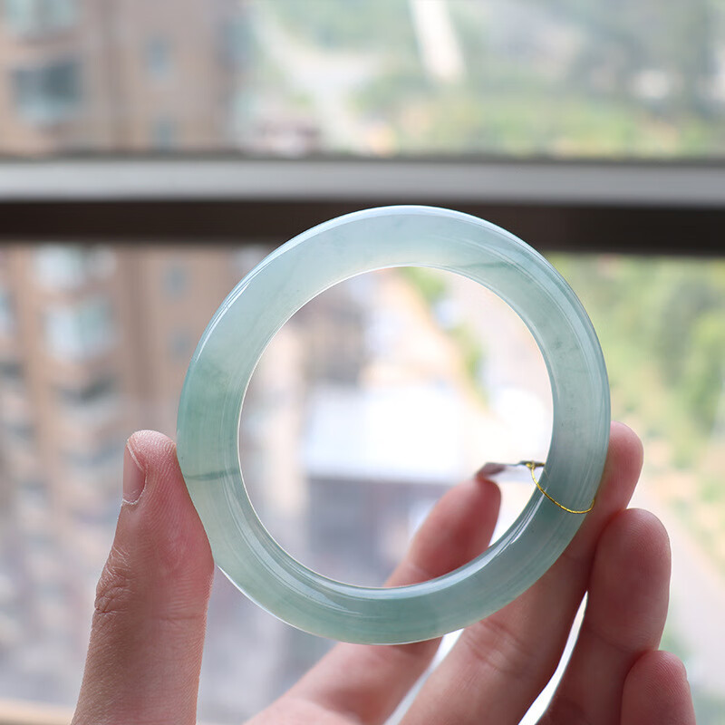 施华洛世奇锆翡翠圆条手镯缅甸玉石冰糯种水飘蓝花细圆条玉手镯女款