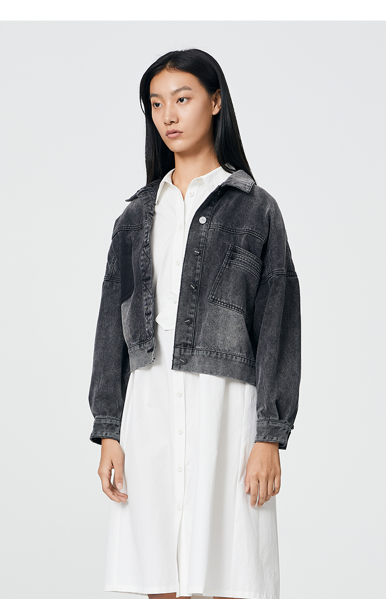 新】艾莱依2021春夏新款复古短款牛仔服女修身小个子韩版休闲牛仔外套