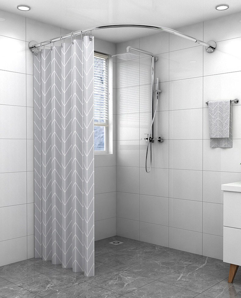 卫生间隔断帘子弧形浴帘杆套装免打孔l形伸缩杆防水浴帘布淋浴房小