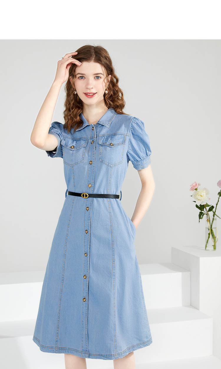亦谷翻领牛仔中长款收腰连衣裙女2021年夏装新款感气质薄裙子 浅蓝 m