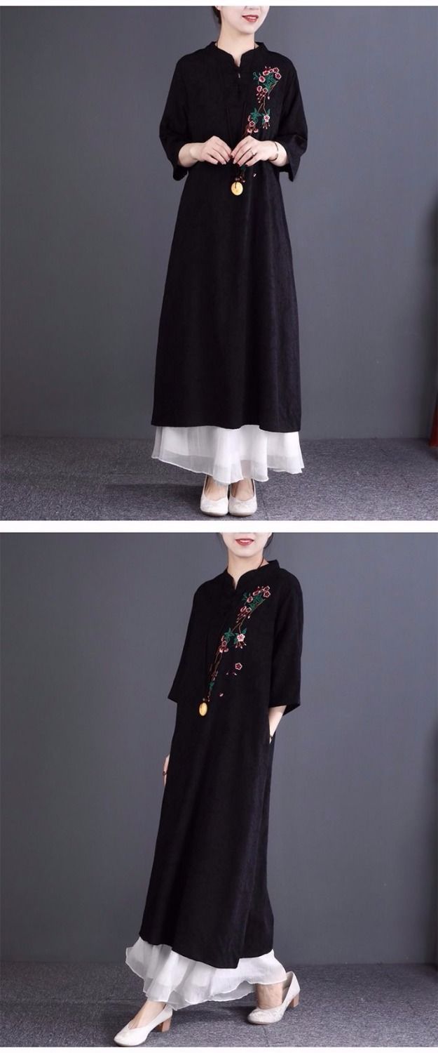 高品质品牌特价民族风女装复古立领刺绣七分袖棉麻连衣裙宽松中长款