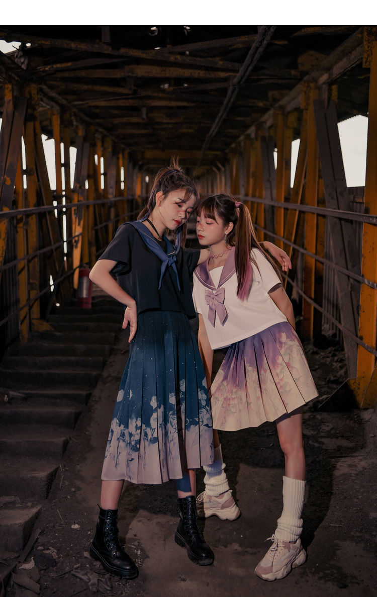 不良jk制服正版夏季闺蜜制服复古暗黑学院风硬妹设计感百褶裙套装 深