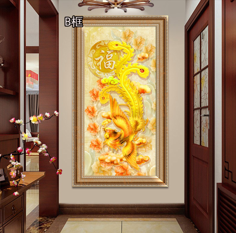 百鸟朝凤玄关画玄关装饰挂画现代入户风水竖版免打孔简约中欧式凤凰