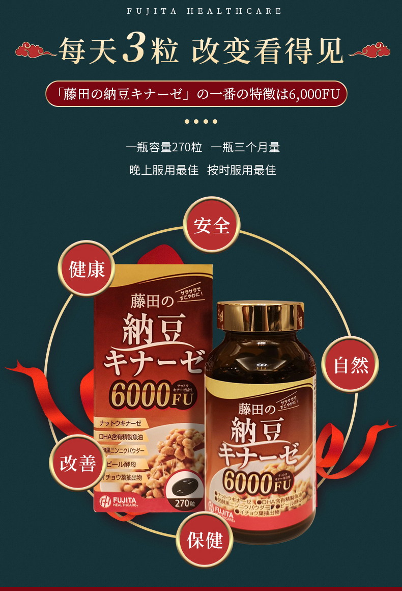 藤田纳豆激酶6000fu溶血降脂改善调节三高 270粒/瓶 1瓶装【图片 价格