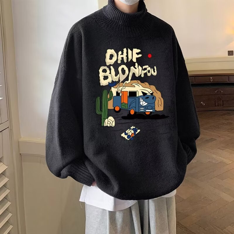 碧璟尔世纪联华超市工作服美式复古半高领白色毛衣男oversize慵懒风大