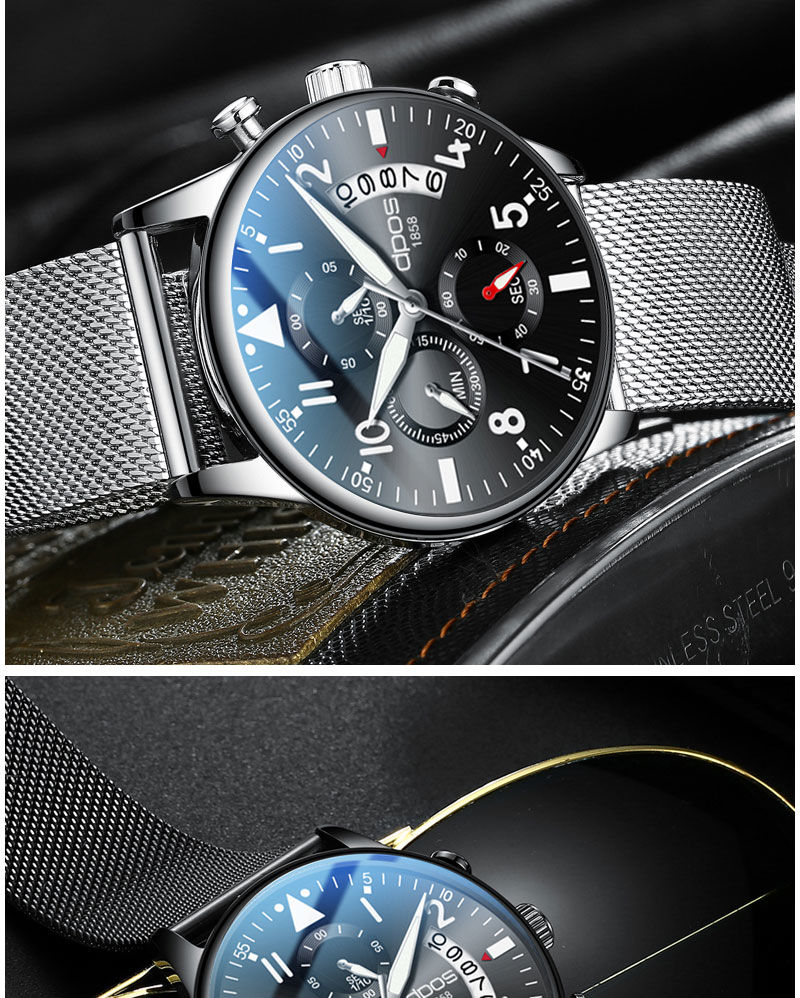 戴宝时新款钢带男士手表男学生韩版潮流防水概念石英手表玫壳黑面黑