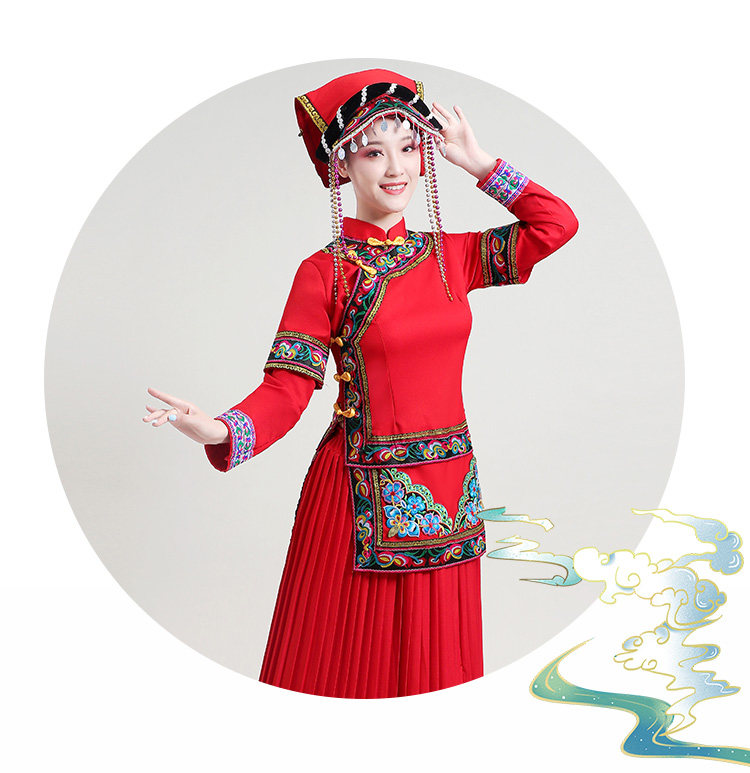 女七月把节演出服少数民族舞蹈服装彝族舞台表演服红色新款三件套m