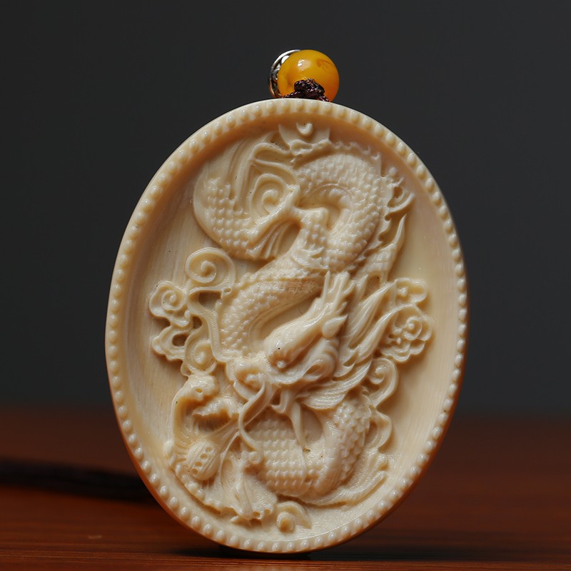 朴春猛犸牙猛犸象牙龙牌祥龙吐瑞牙雕吊坠项坠挂件饰品配饰男女款圆牌