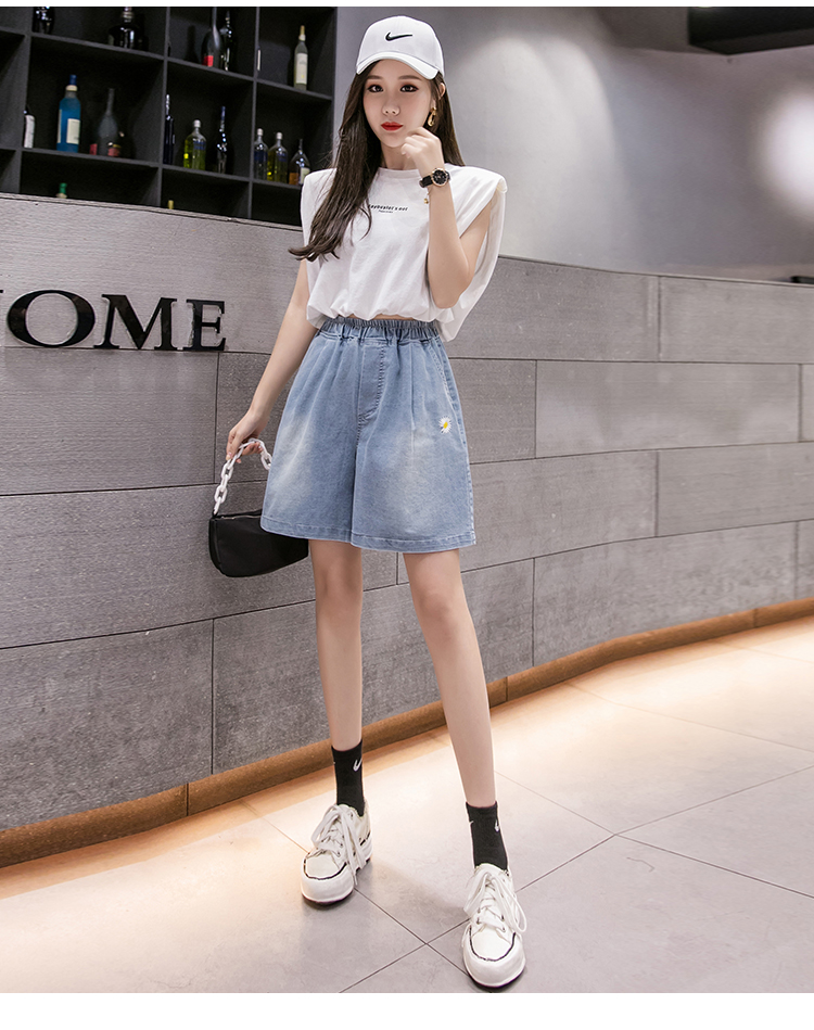 女生松紧腰牛仔短裤薄款外穿六分裤半截裤女学生女士夏季半裤初中高中