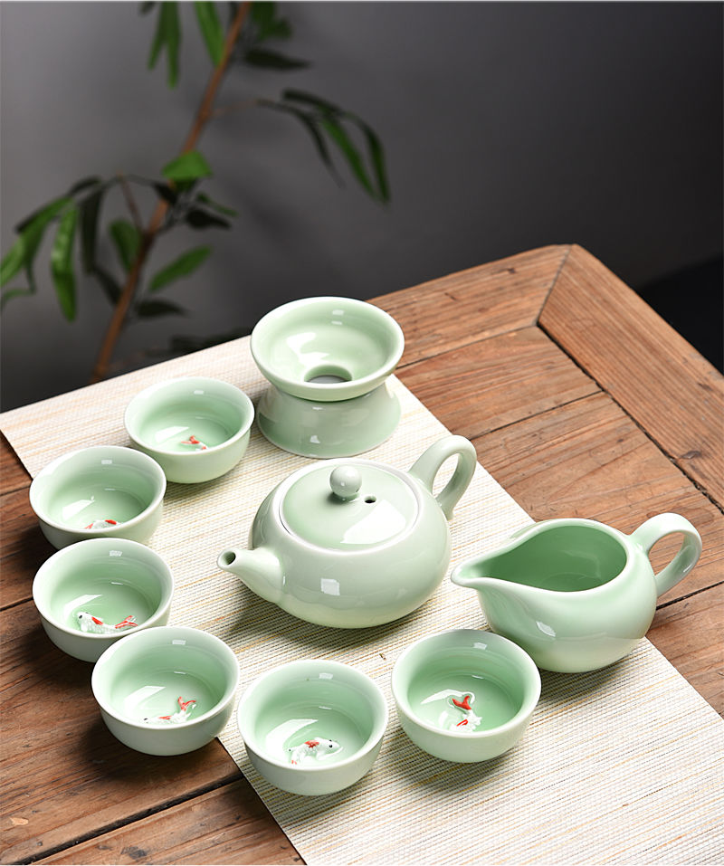 青瓷茶具陶瓷套装家用泡茶壶茶杯子茶盘整套功夫茶具批发10头沙金西施