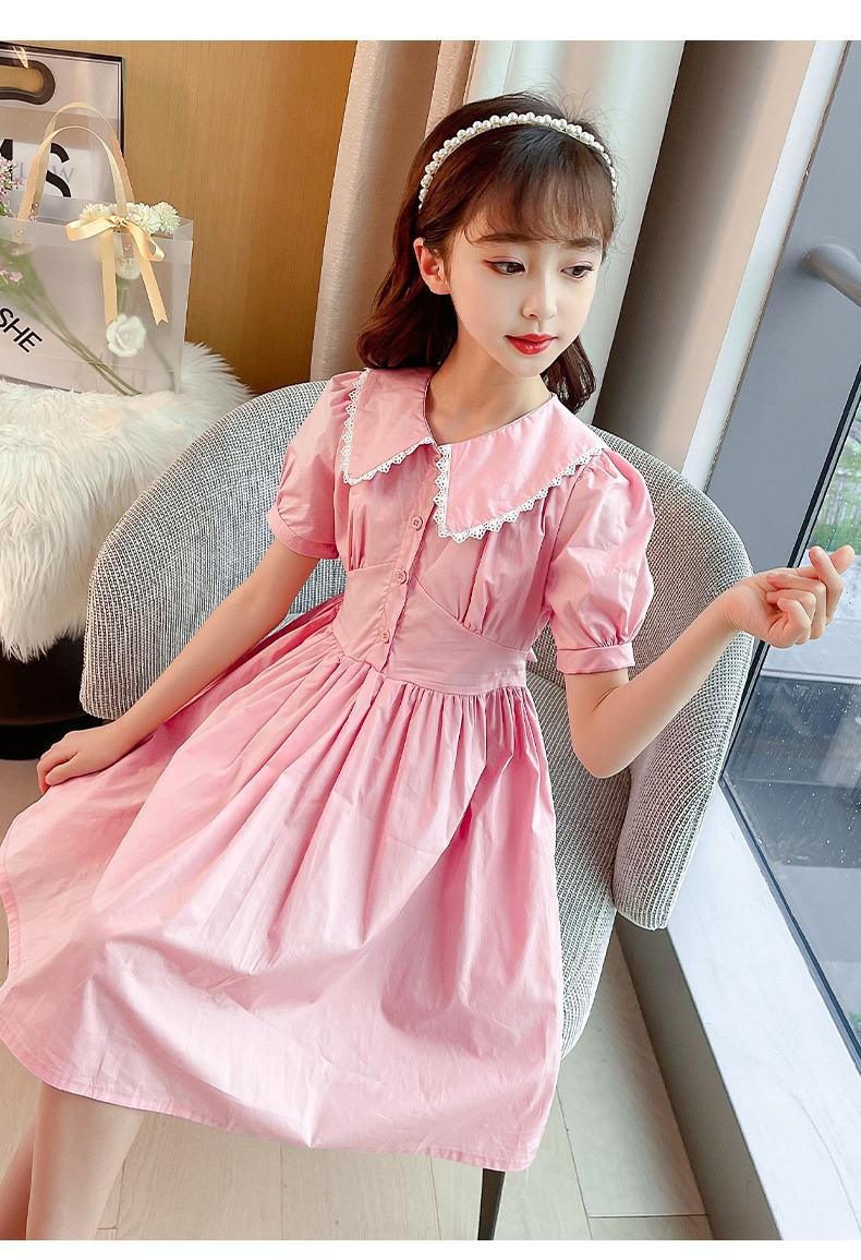 女童夏2021新款中大童洋气网红公主裙儿童夏季泡泡袖裙子粉色130cm