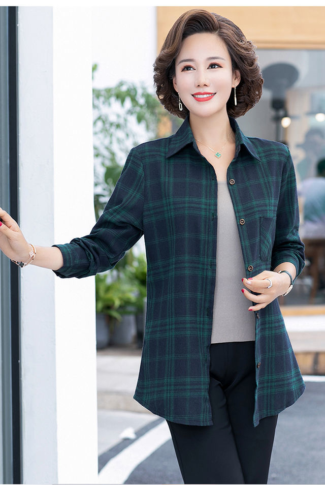 女装衬衫新款中老年新款棉衬衫女长袖格子衬衣老年人休闲上衣宽松大码