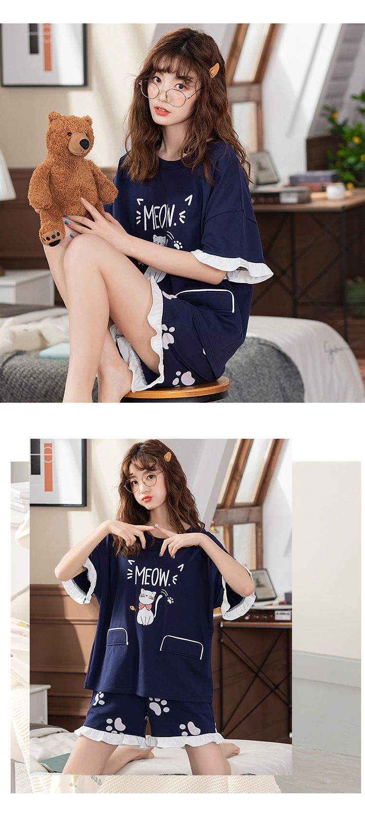 初中生高中生少女睡衣睡衣女夏季可爱韩版日系短袖棉少女款甜美公主风