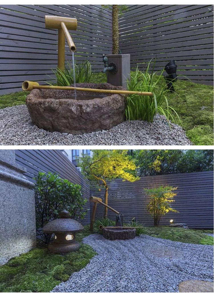 惊鹿 日式日式庭院水景禅意花园石盆鹅卵石水钵枯山水流水景观惊鹿