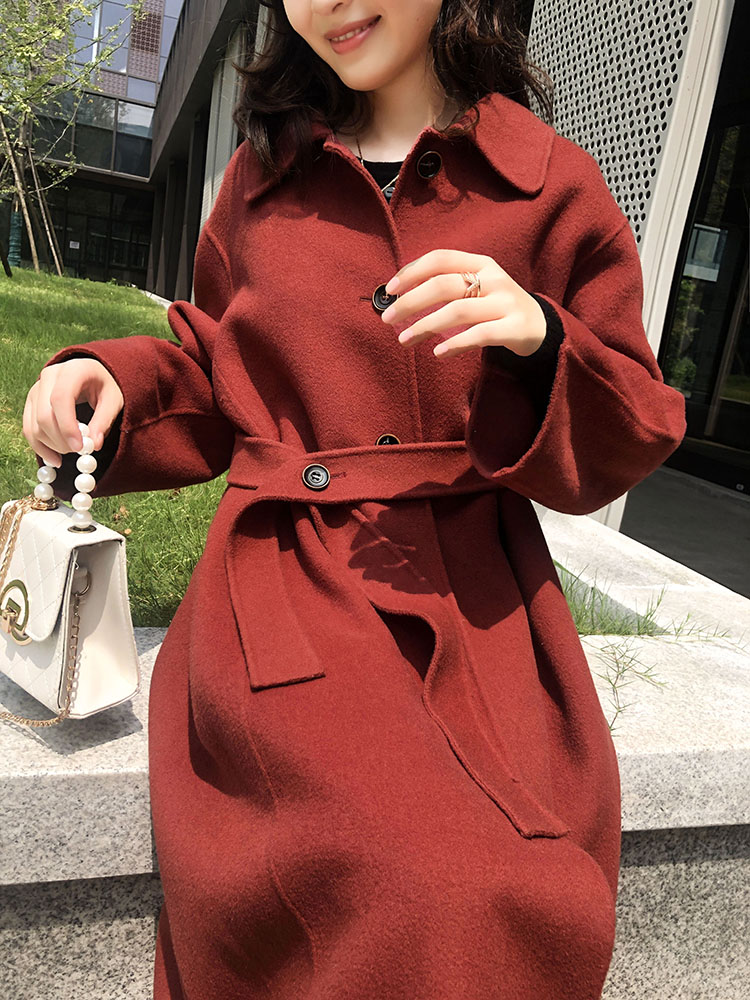 浙江嘉兴濮院羊绒大衣枫叶红色双面呢女结婚秋冬款韩版复古中长款毛呢