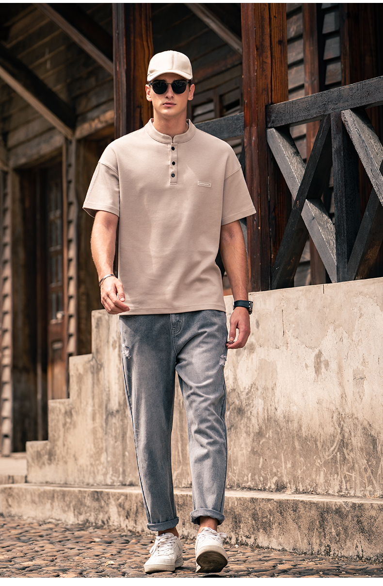 英爵伦2021夏季新款亨利领纽扣短袖t恤男欧美休闲宽松落肩体恤雾蓝色