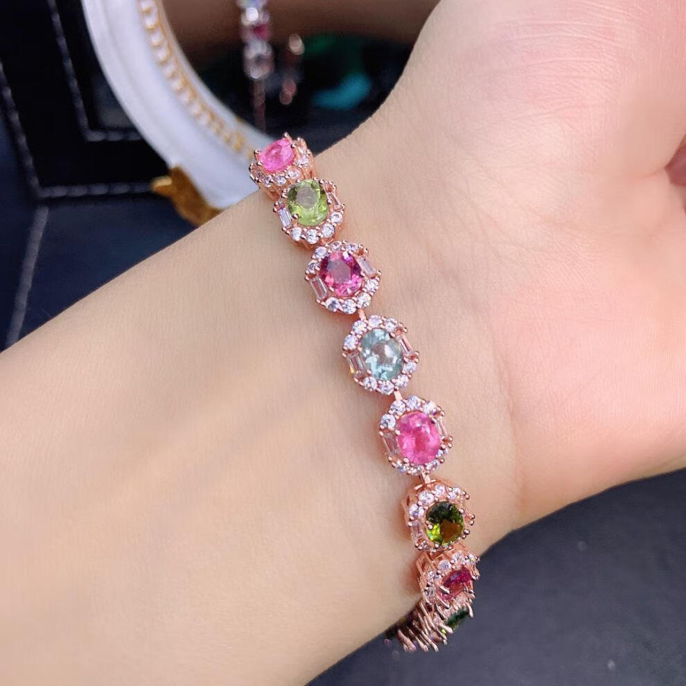 炫熙糖果色碧玺手链女晶体干净颜色好925银镀18镶嵌支持检测