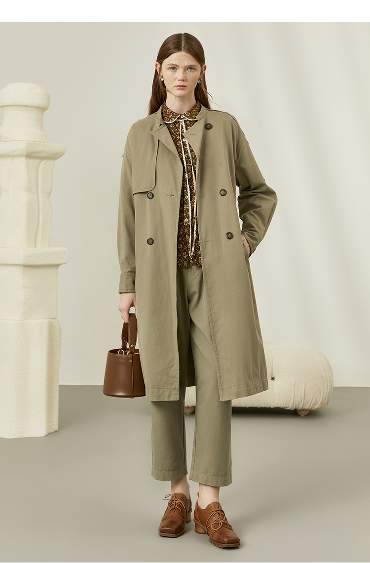 ein言新品纯色气质挺括女风衣长外套 橄榄绿 s【图片 价格 品牌 报价