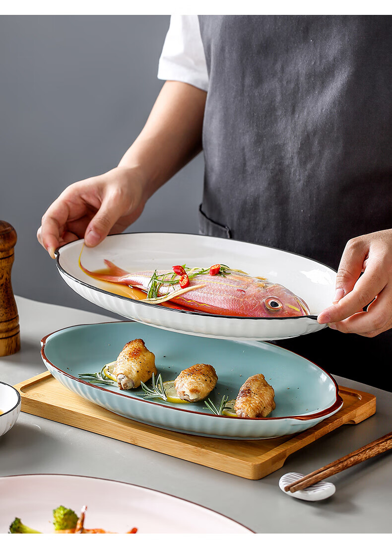 鱼盘子清蒸 微波炉蒸鱼盘带盖 蒸鱼盘子圆盘 鱼盘家用蒸鱼盘子日式