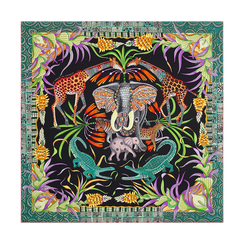 hermes爱马仕丝巾大方巾头巾女士围巾手工卷边真丝赞比西河的庆典90