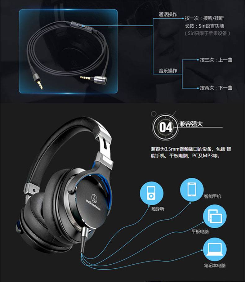audiotechnica铁三角athmsr7便携hifi头戴式耳机陌生人妻线控黑色标配