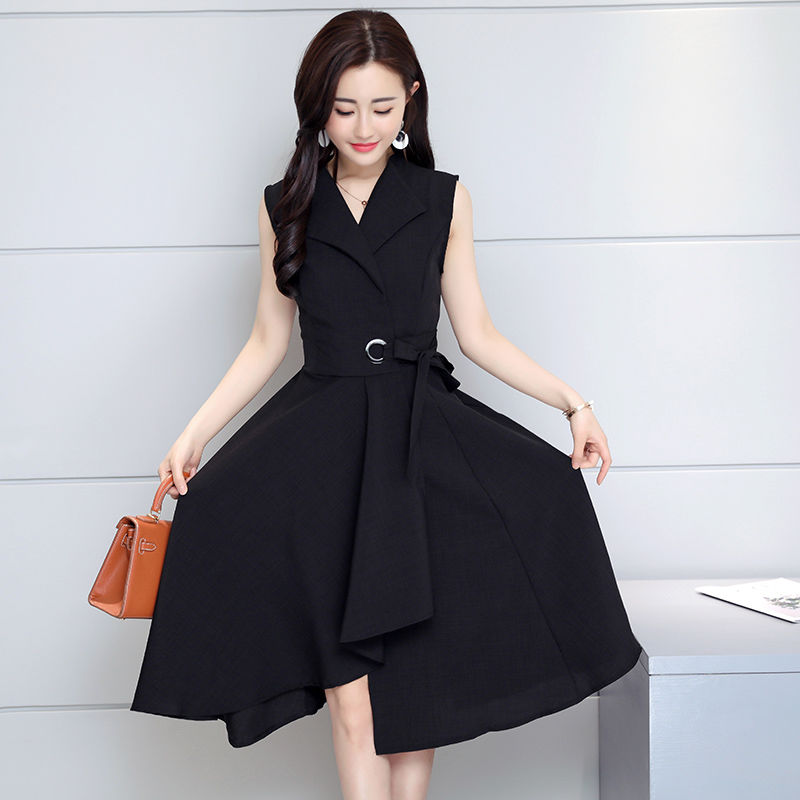 新款女装2021春夏秋冬中长款a字连衣裙遮肉显瘦裙子女蓝色无袖m85100