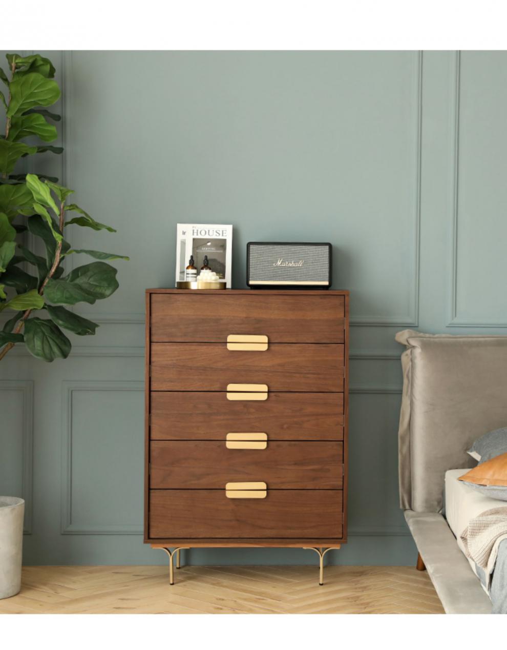 五斗橱印色家居简约现代五斗柜北欧风格胡桃木卧室收纳轻奢储物柜