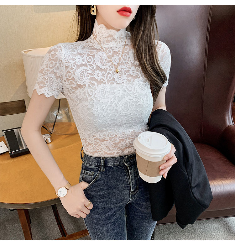 性感镂空蕾丝衫女短袖夏装显瘦洋气上衣百搭半高领内搭蕾丝打底衫杏色