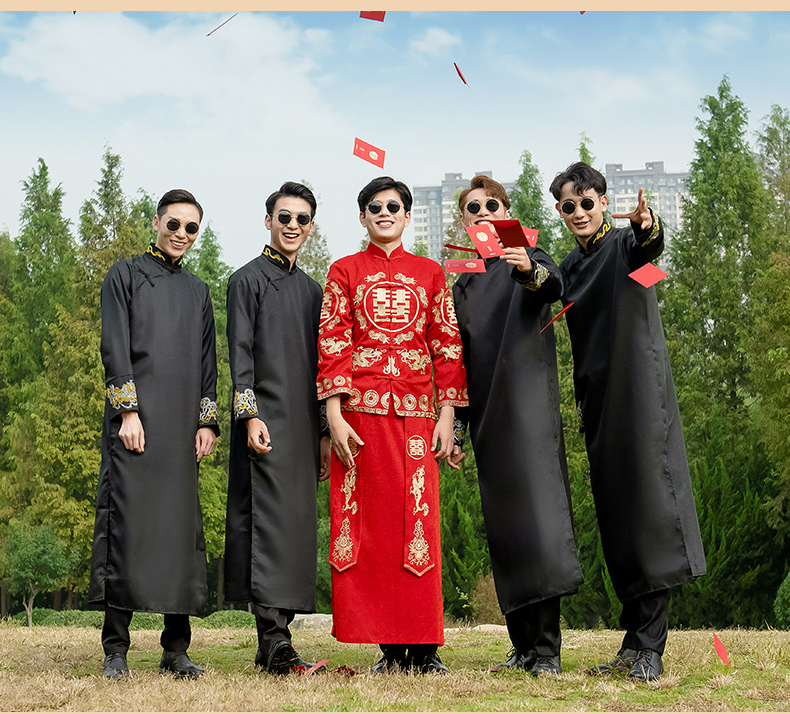 伴郎服中式创意中国风唐装中式婚礼伴郎服伴娘服唐装马褂结婚伴郎兄弟