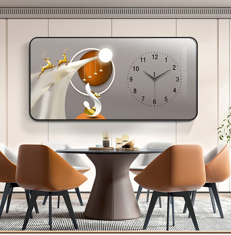 北欧餐厅装饰画带钟表挂钟轻奢现代饭厅创意挂画客厅艺术时钟挂墙 hm