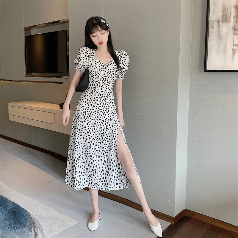 茶歇法式碎花裙女2021夏季新款赫本风初恋裙设计感小众开叉连衣裙 a2