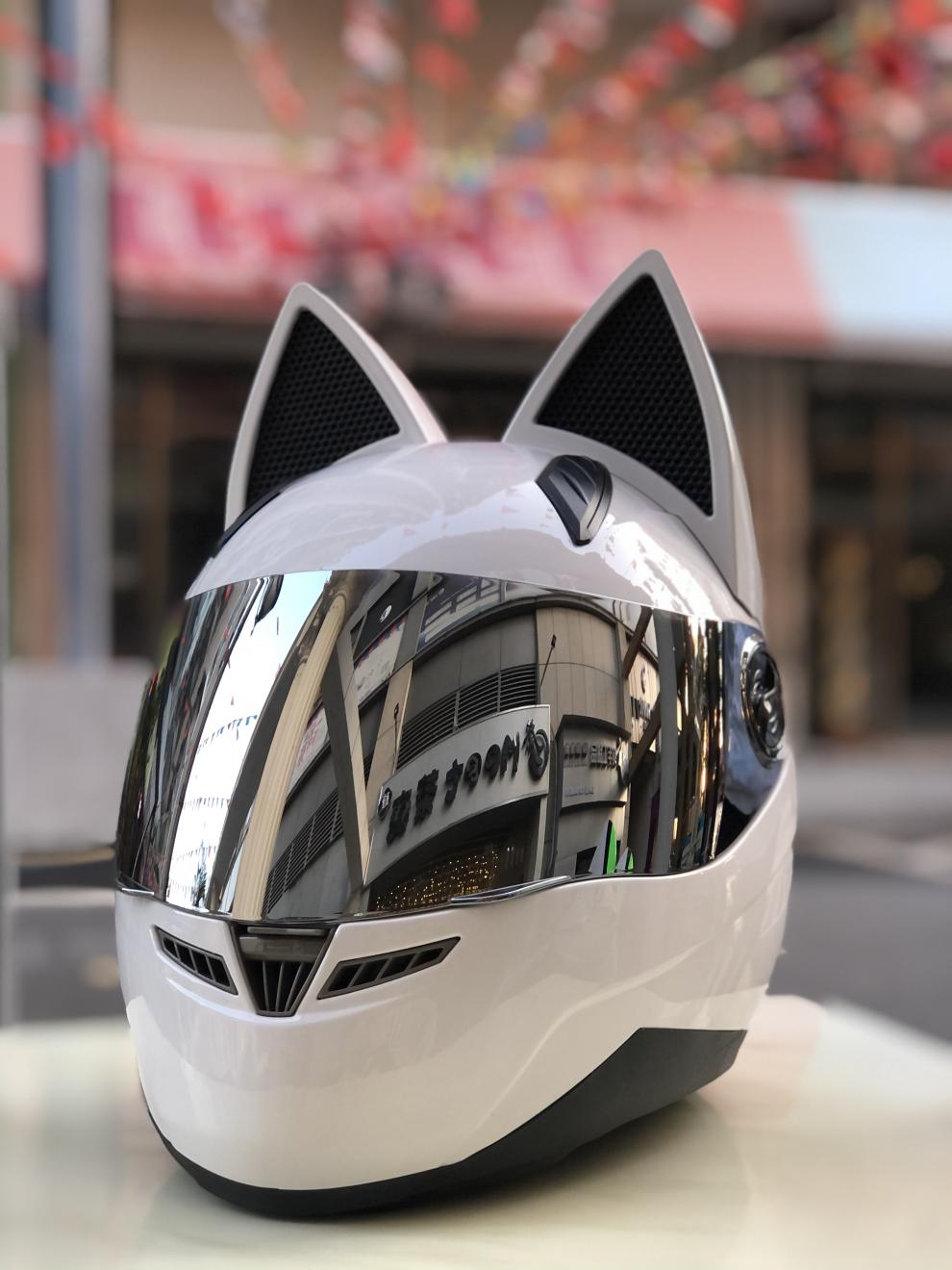 摩托车头盔猫耳朵猫兔耳朵蝴蝶结时尚个性男女士四季通用机车 黑紫色