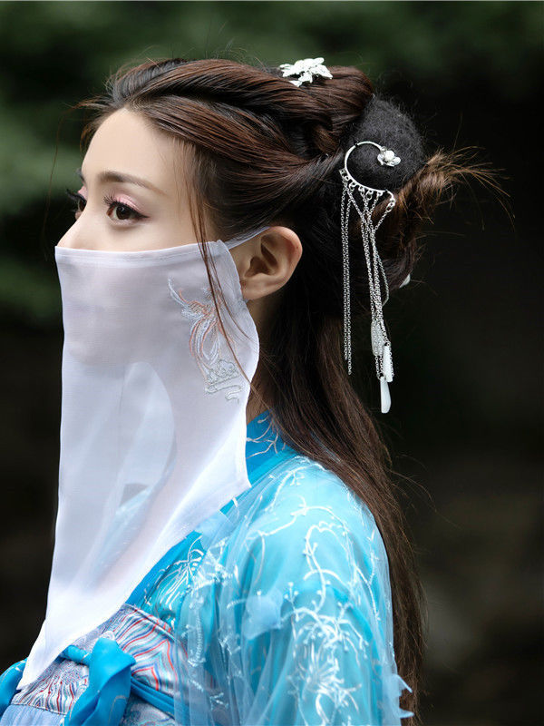 面纱古风新款荟汐同款绣花面纱古风面纱遮脸纱古代蒙面纱巾白色五角荟