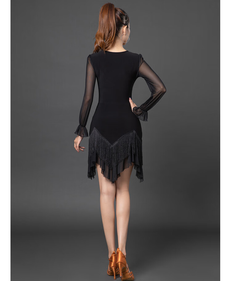 拉丁舞连衣裙新款女成人国标舞裙交谊舞练功舞蹈服装演出裙 黑色 xl