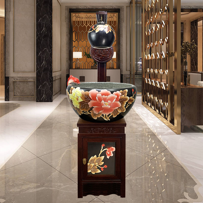 瓷缸陶瓷柜式玉兰花金鱼缸落地门海缸家用玄关客厅流水摆件国色天香款