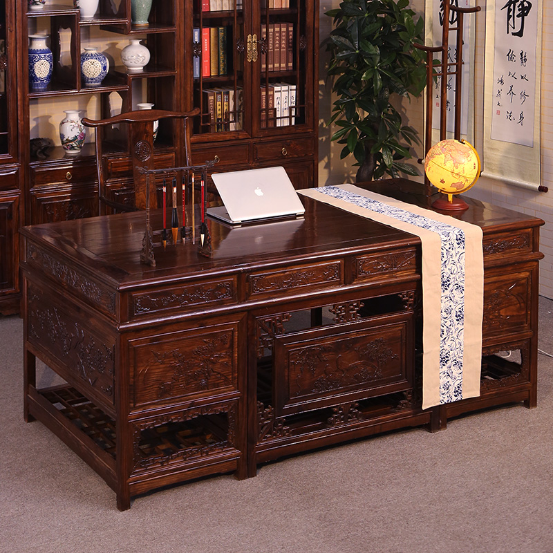 实木办公桌榆木书房家具套装新中式仿古书桌椅组合老板电脑书法桌2米