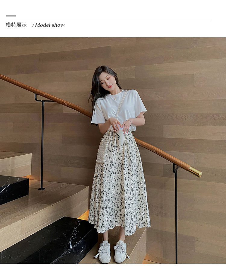 韩版春秋夏季新款小个子碎花半身裙高腰显瘦a字裙垂感中长款裙子白底