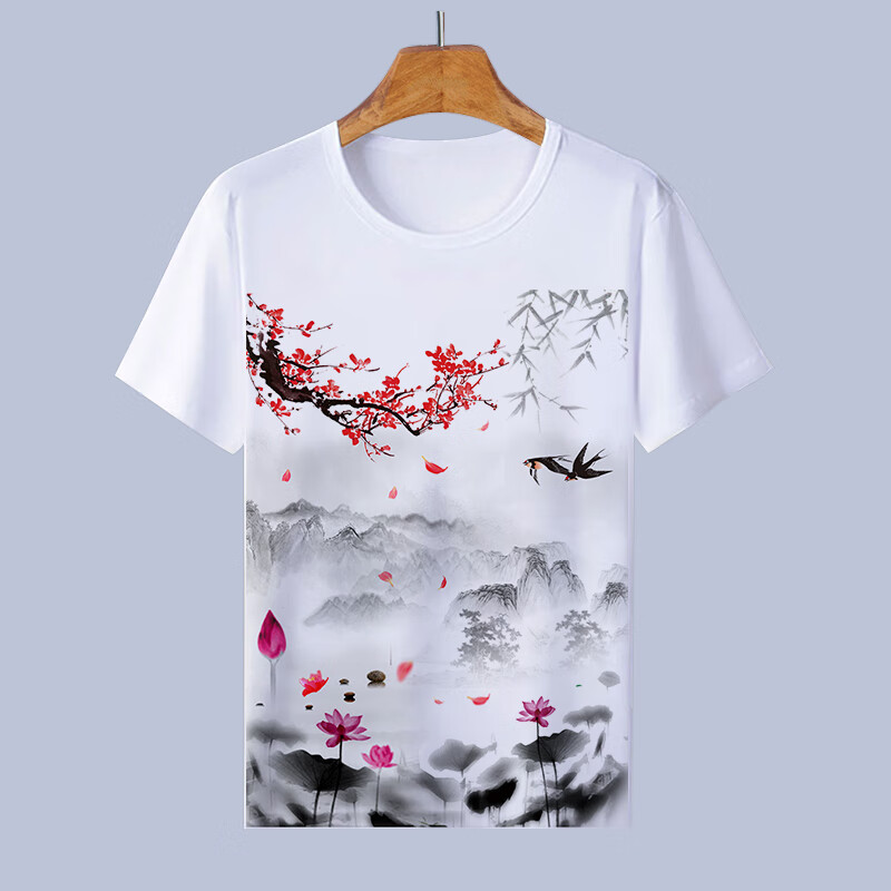 十二生肖图男士短袖衫中国风水墨山水画t恤血裇桖风景画图案衣服男