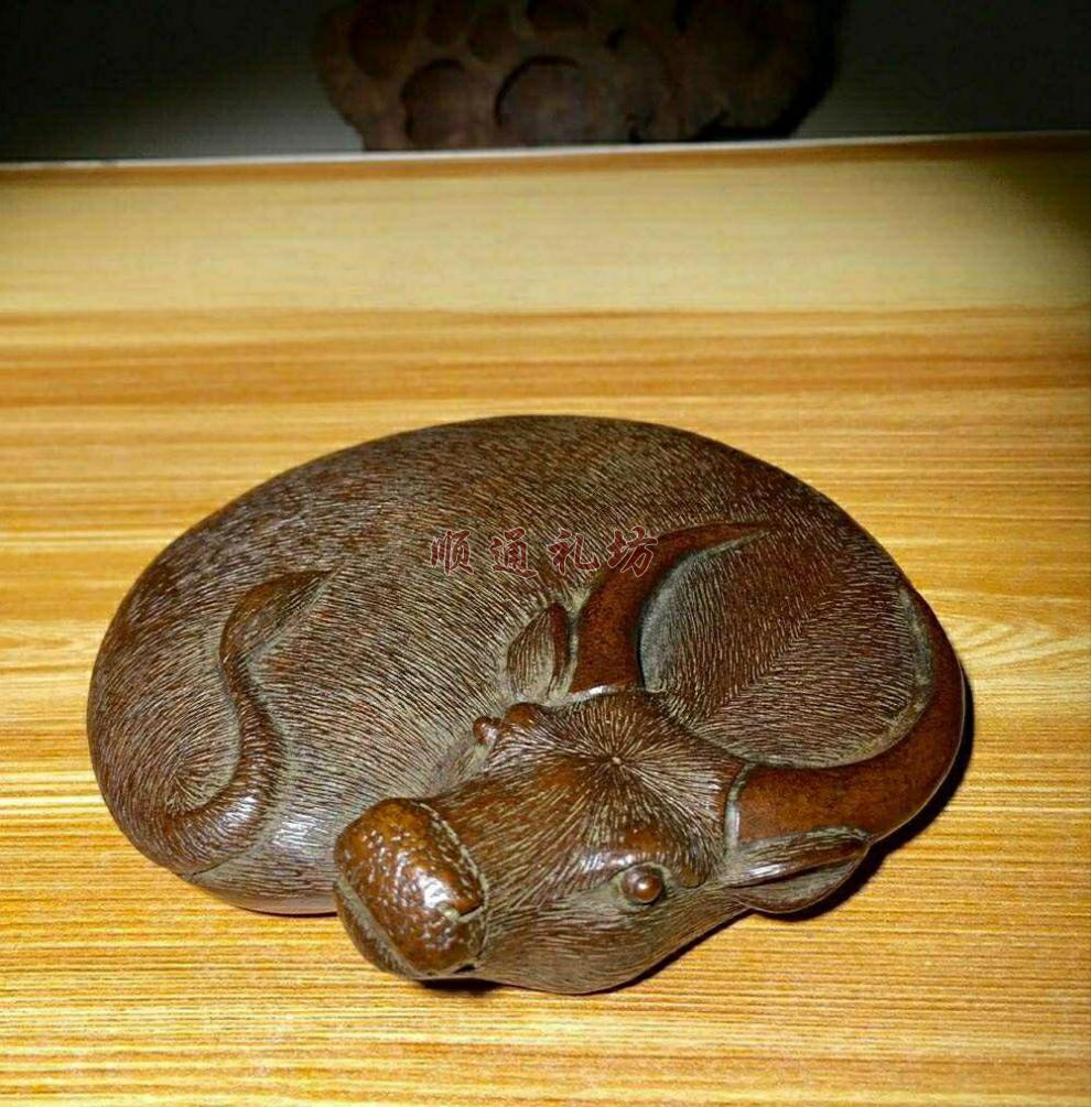 实心纯铜生肖牛小摆件古玩铜件手把件铜牛卧牛铜水牛镇纸紫铜茶宠大号