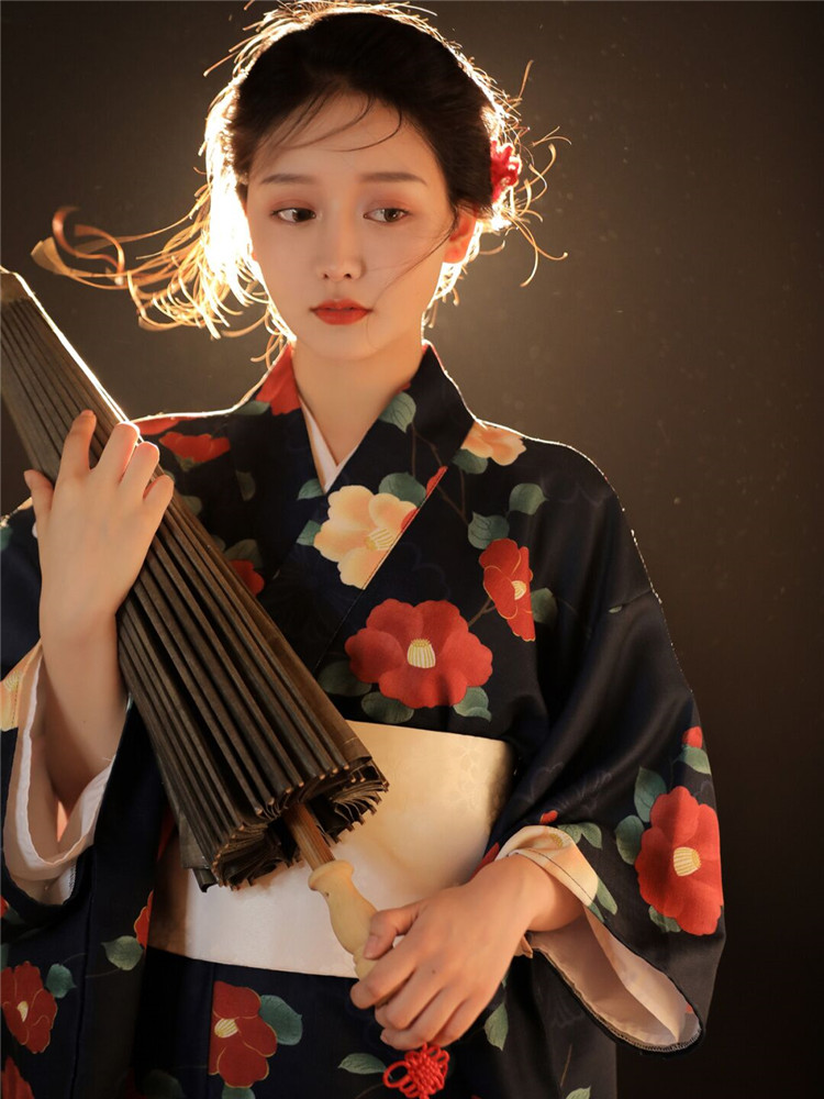 女正装神明少拍照服装传统复古风改良连衣裙山茶花 和服加腰封赠扇子