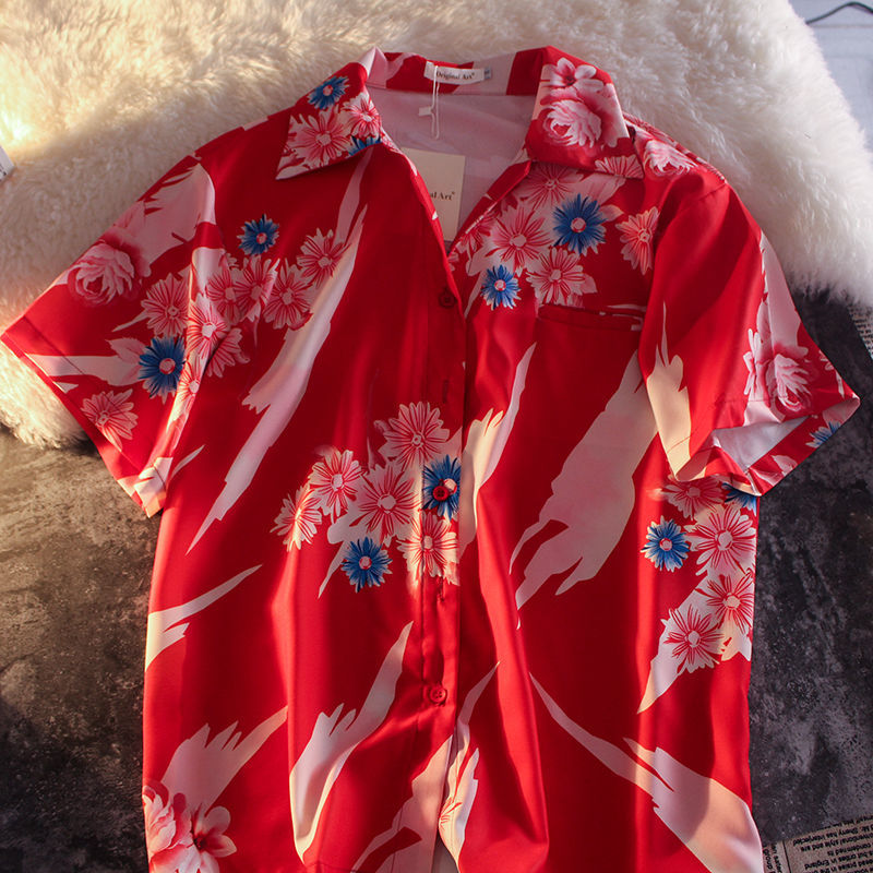 的心诠释我的爱bkpp欧儿pp同款红扶桑花衬衫他泰式短袖上衣春秋 红色