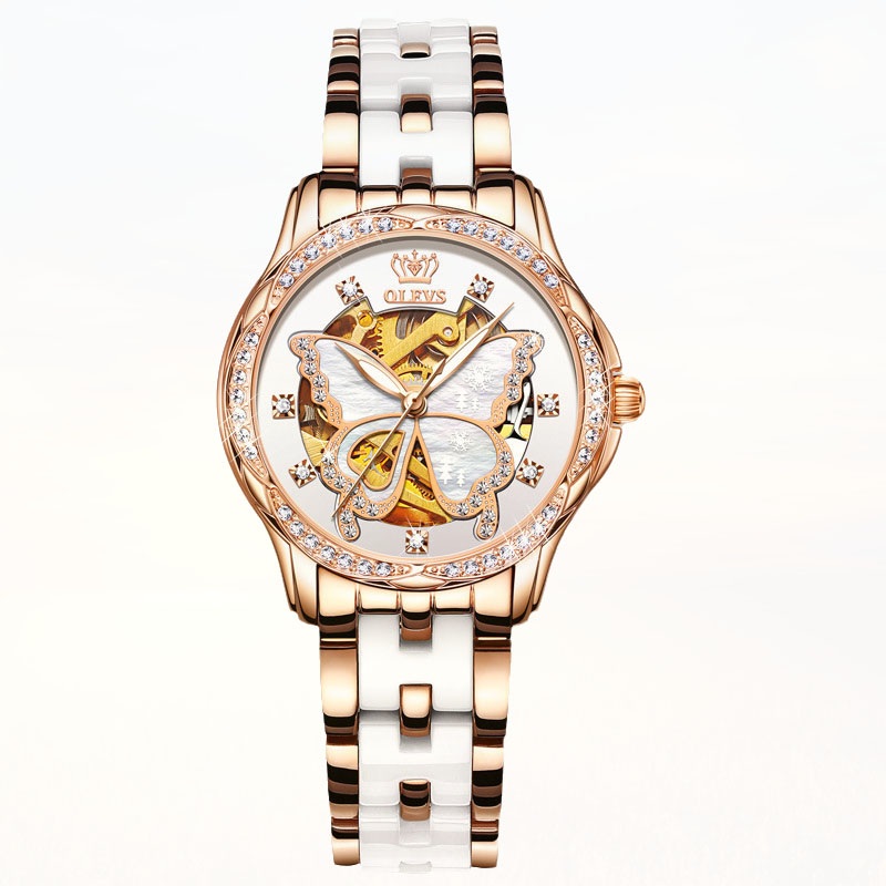 瑞士阿玛手表女陶瓷机械表简约时尚玫金防水夜光镶钻女表 浅黄色(质保