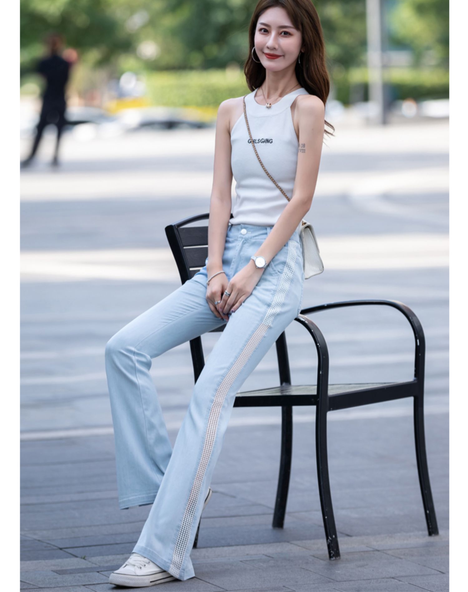 km ck 香港潮牌 天丝裤子女夏季2022新款冰丝女裤宽松网纱裤微喇叭裤