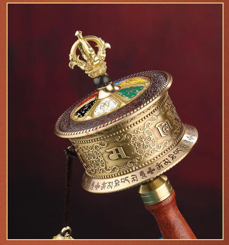 手摇转经轮西藏黄铜手持转金桶六字真言12万遍家用藏式手转经筒 六字