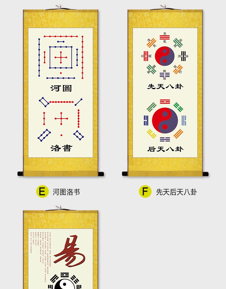 太极先天九宫八卦图河图洛书家用挂画卷轴丝绸画骑车穿的 e-河图洛书