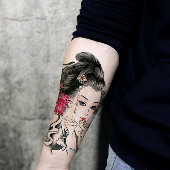 纹身贴女私处美女艺伎貂蝉手臂性感个性刺青花旦胳膊纹身贴纸半臂彩色
