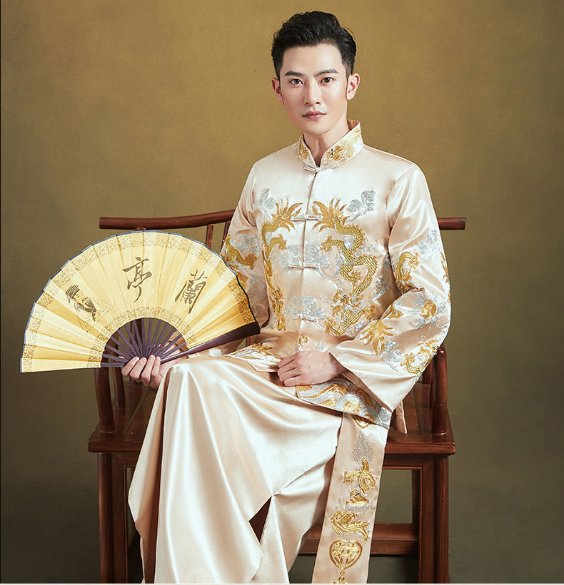 舒嘎秀禾服古装中式汉服结婚礼服新郎服男红色香槟色浅金色龙凤褂秋冬