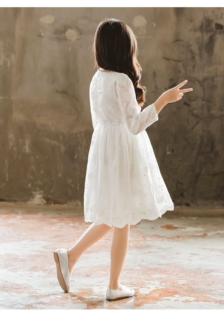 儿童收腰过膝女中大童长裙春秋款女童连衣裙春秋2021新款中童白色裙子