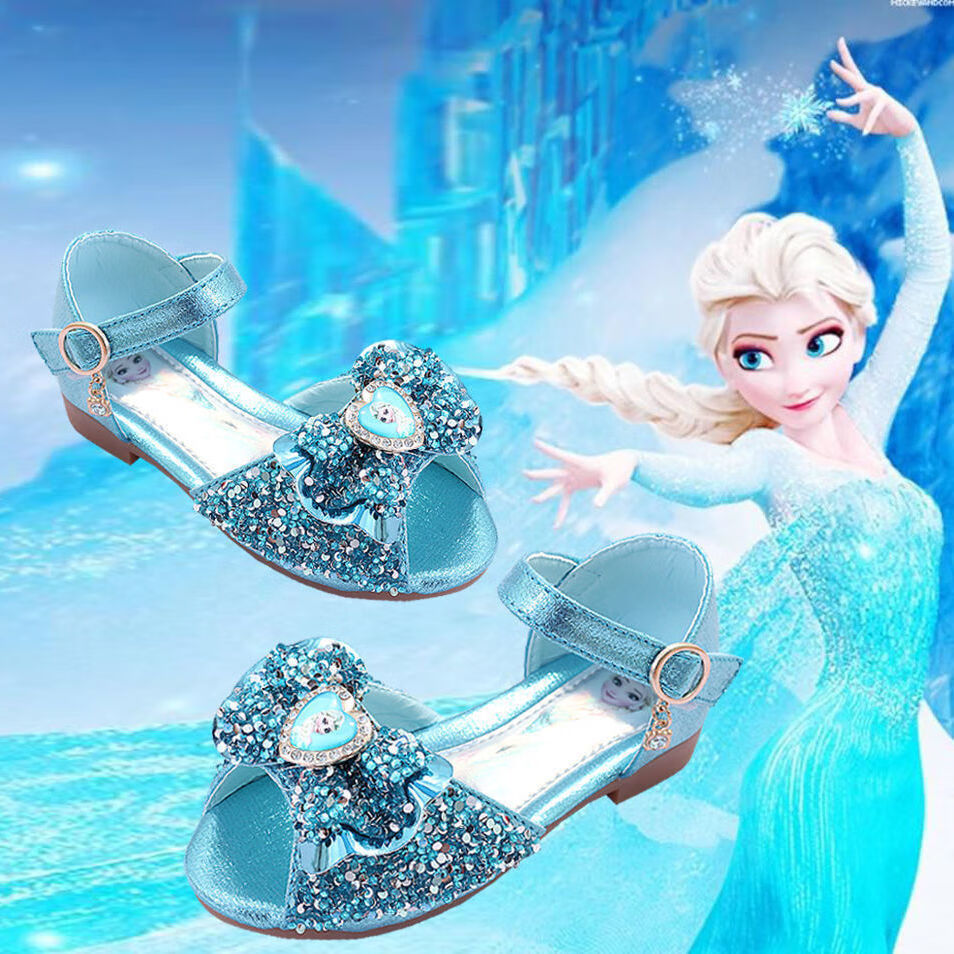 艾莎公主亮片女童凉鞋冰雪奇缘2022新款软底宝宝鞋艾莎鱼嘴鞋 蓝色699